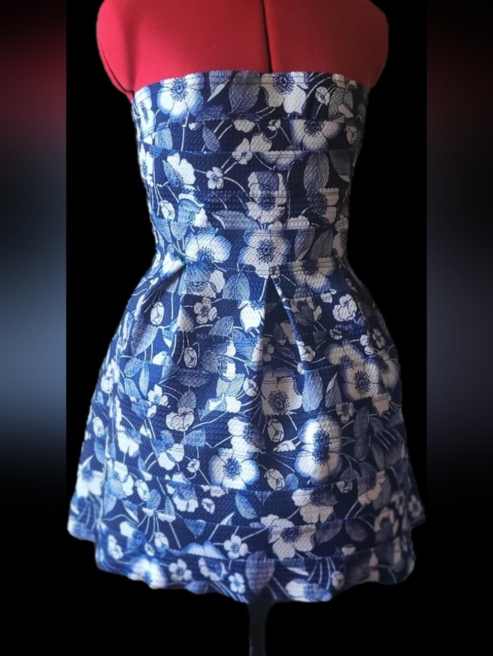 Strapless Blue and White Floral Fit-and-Flare Dress
